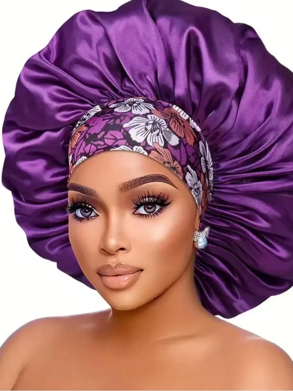 a new day Black Satin Bonnet with White Floral Headband